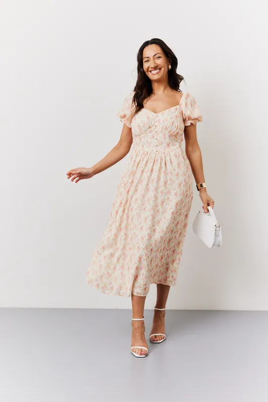 Floral Puff Sleeve Milkmaid Midi Dress - In The Style