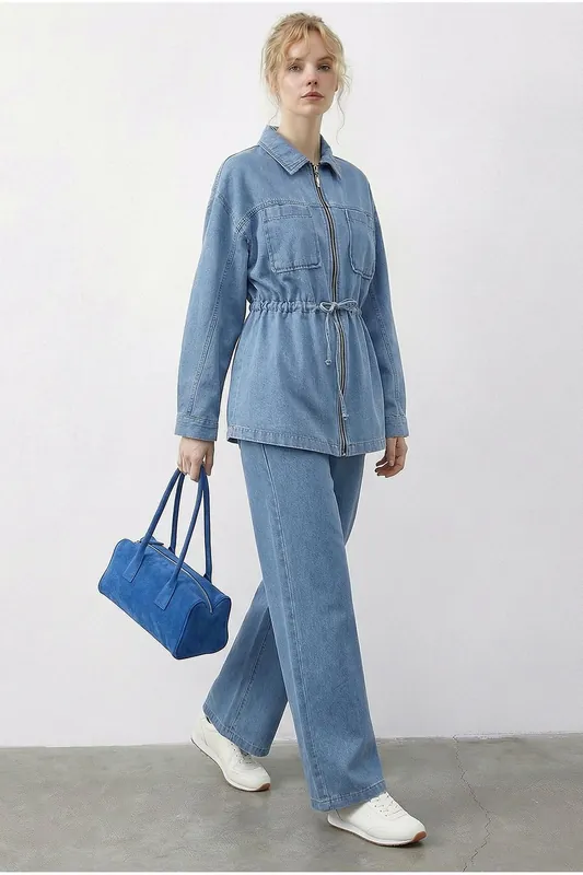 Zippered Jacket and Pants Two-Piece Denim Set