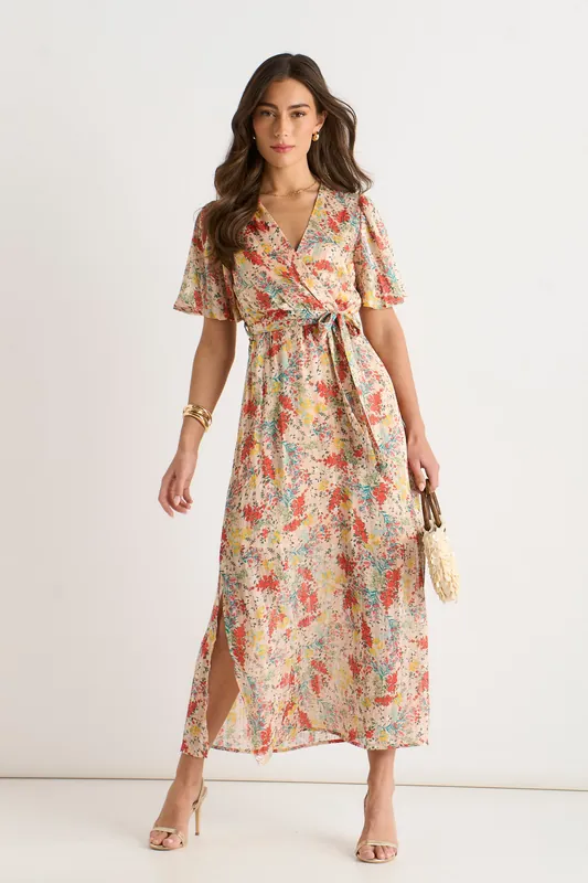 Multi Floral Jacquard Chiffon Midi Dress - Gini London