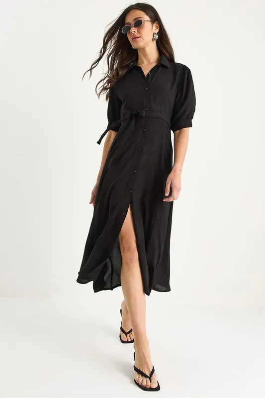 Button Closure Midi Dress with Shirt Collar - Bianco Lucci