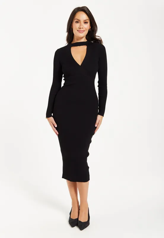 Cut Out Front Ribbed Midi Knit Dress In Black - Liquorish