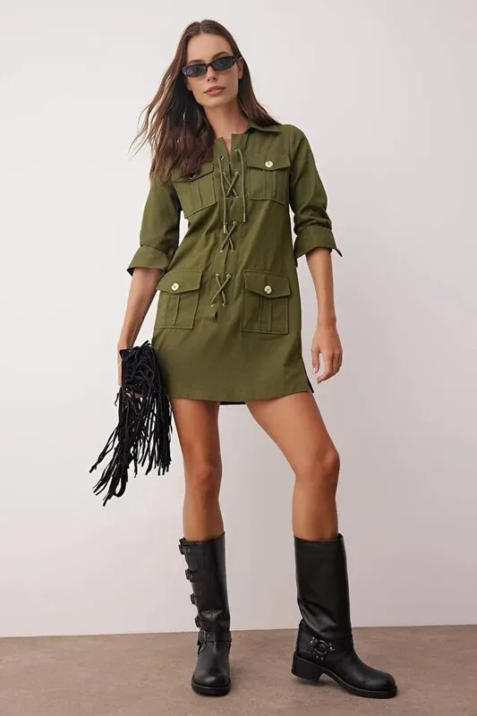 Eyelet Lace Up Mini Woven Utility Dress - WOVCOR