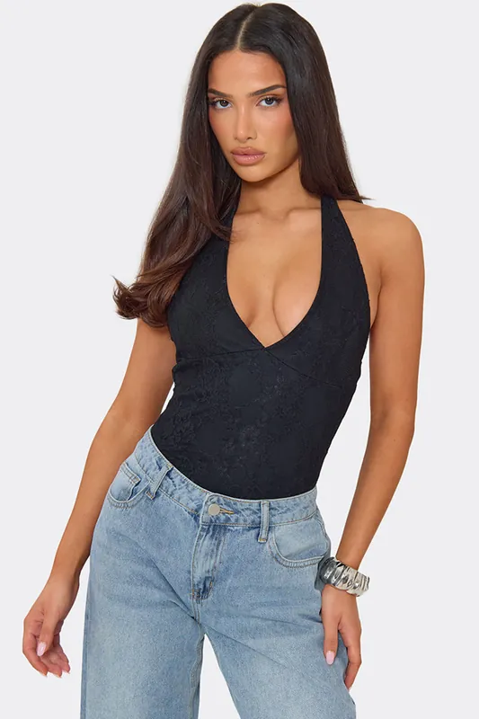 Sleeveless Halter Neck Lace Bodysuit - EGO