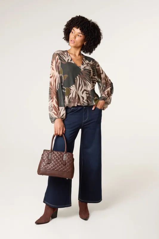 Khaki Printed Mesh V Neck Puffball Top - Blue Vanilla