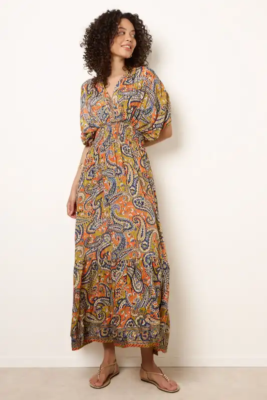Multi Gathered Sleeve V-Neck Maxi Dress