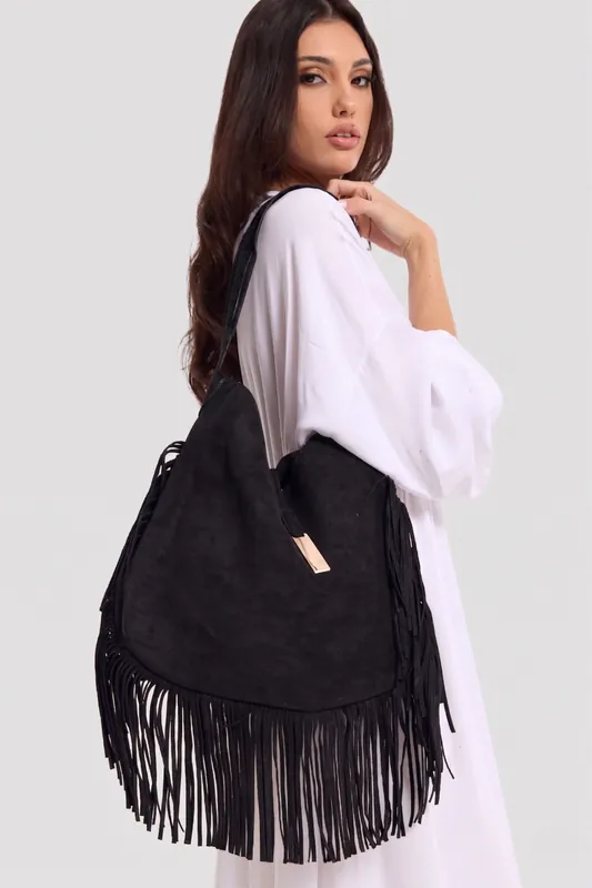 Black Suede Fringe Hobo Bag - Liquorish
