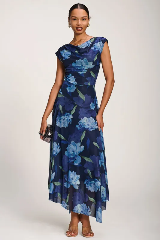 Asymmetrical Draped Mesh Maxi Dress - Jolie Moi