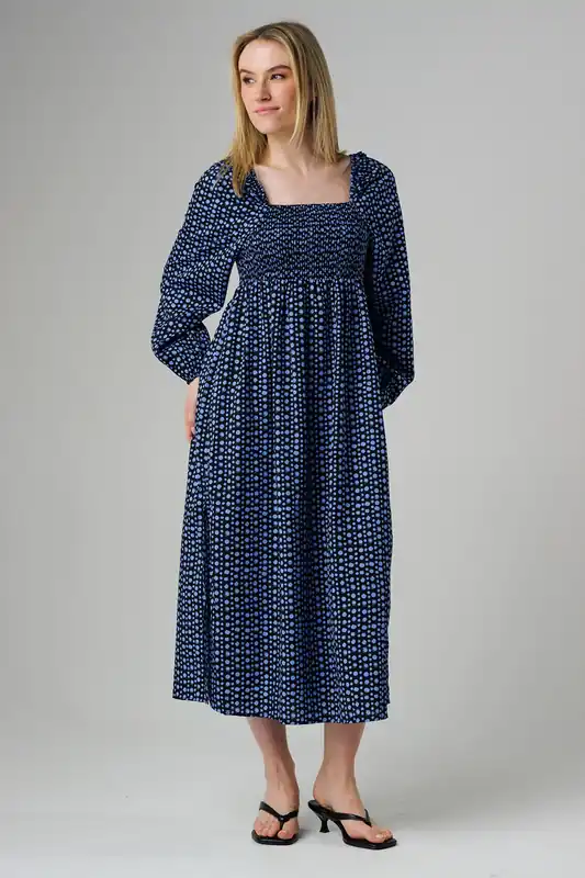 Polka Dot Square Neck Frill Blouson Sleeve Midi Dress - Wednesday's Girl