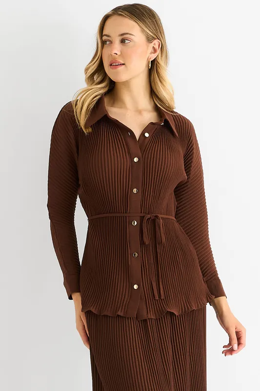 Chocolate Plisse Button Through Shirt - Gini London