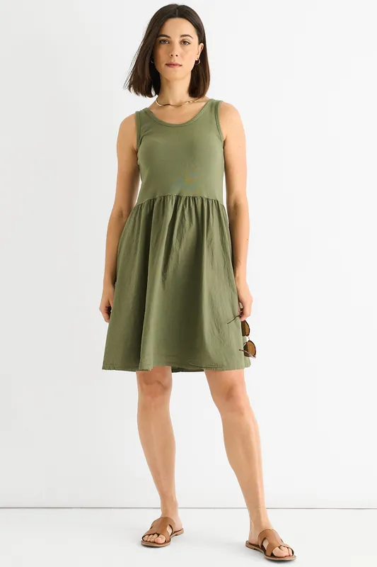 Khaki Cotton Rib Top Skater Mini Dress - Gini London