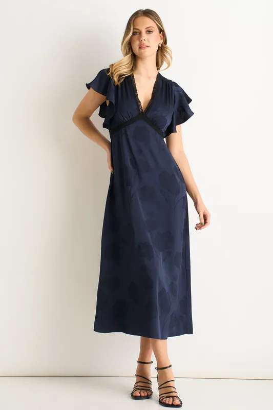 Navy Floral Satin Jacquard Lace Trim Midi Dress - Gini London