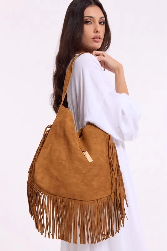 Tan Suede Fringe Hobo Shoulder Bag - Liquorish