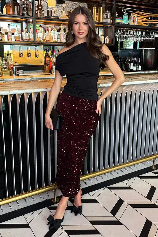Wine Velvet Sequin Midi Skirt - AX Paris