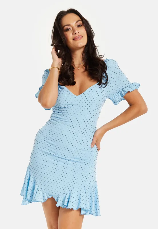 Woven Polka Dot Frill Detail Dress Blue - Liquorish