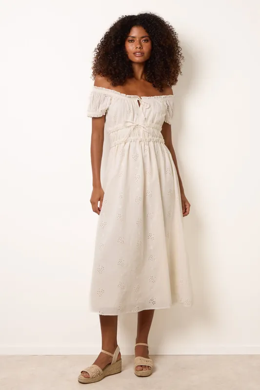 Ivory Broderie Front Tie Midi Dress - Blue Vanilla