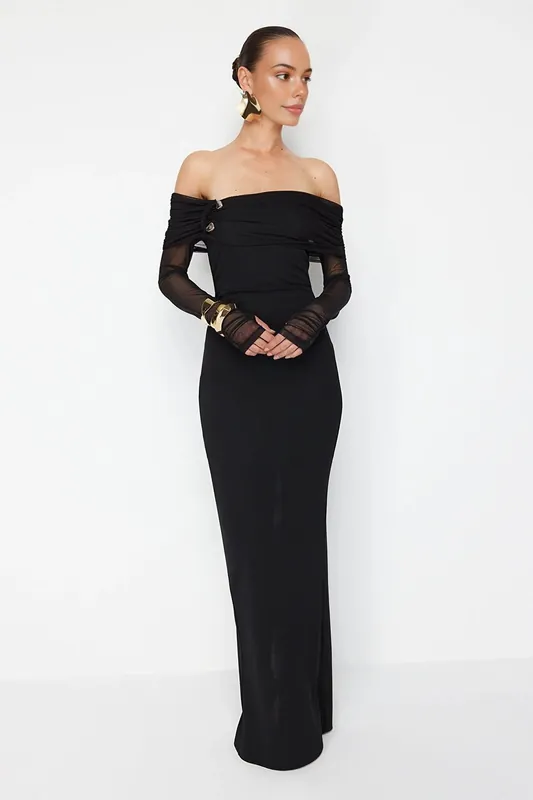 Off Shoulder Draped Mesh Sleeve Maxi Evening Dress - WOVCOR