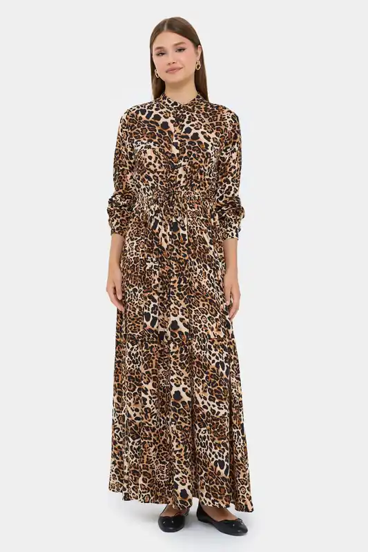 Animal Print Long Sleeve Maxi Dress with Mock Neck - Hiccup