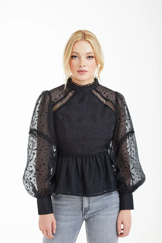 Polka Dot Organza Puff Sleeve Top - DOUBLE SECOND