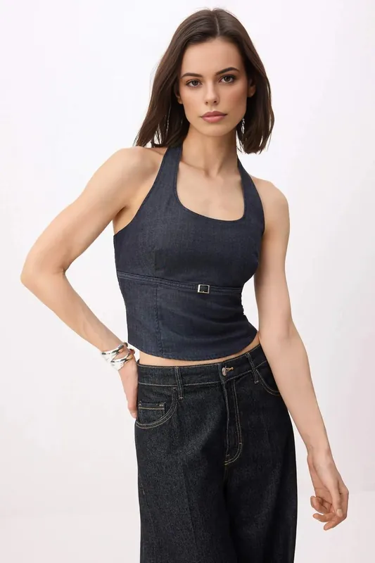 Denim Halterneck Belted Fitted Sleeveless Corset Top - WOVCOR