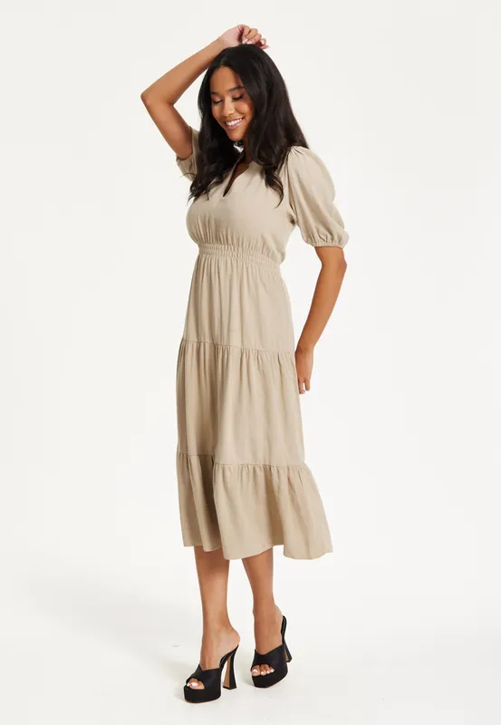 Beige Puff Sleeve Tiered Midi Dress - Liquorish