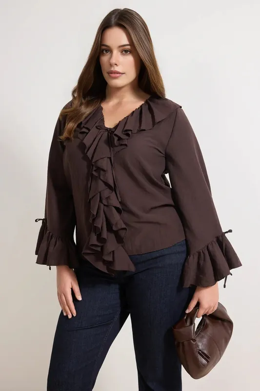 Frill Detail Tie Neck Long Sleeve Blouse - WOVCOR