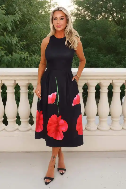 Black Floral Printed Skirt Racer Neck A-Line Midi Dress