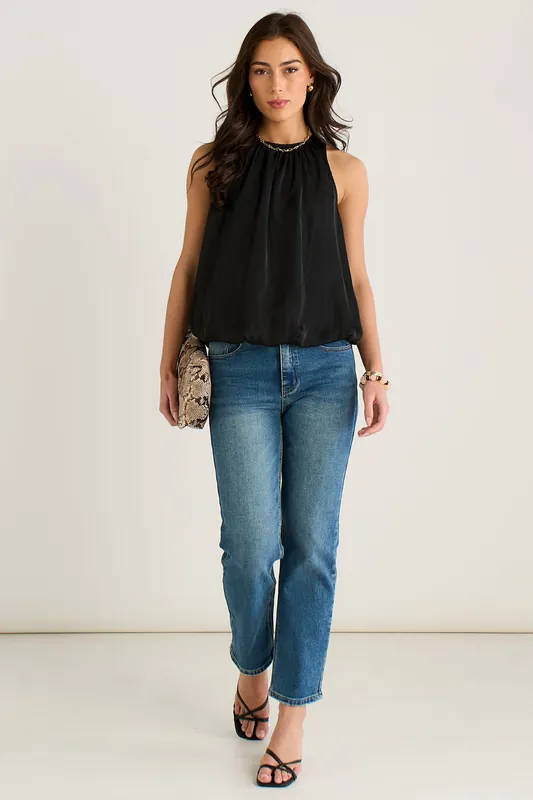 Black Puff Ball Round Neck Sleeveless Top - Gini London