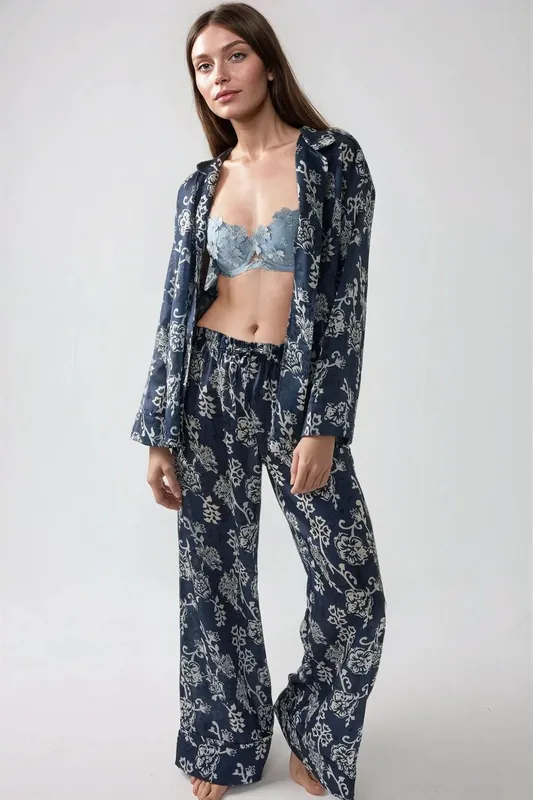 Printed Satin Pajama Set with Shirt Collar - Hiccup