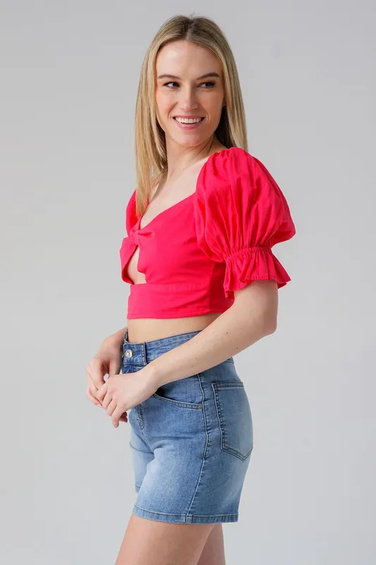 Short Puff Sleeve Bow Detail Cropped Top - Influence