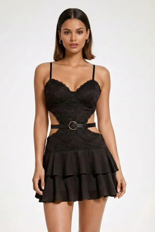 Ruffle Padded Bust Cut-Out Belted Lace Mini Dress