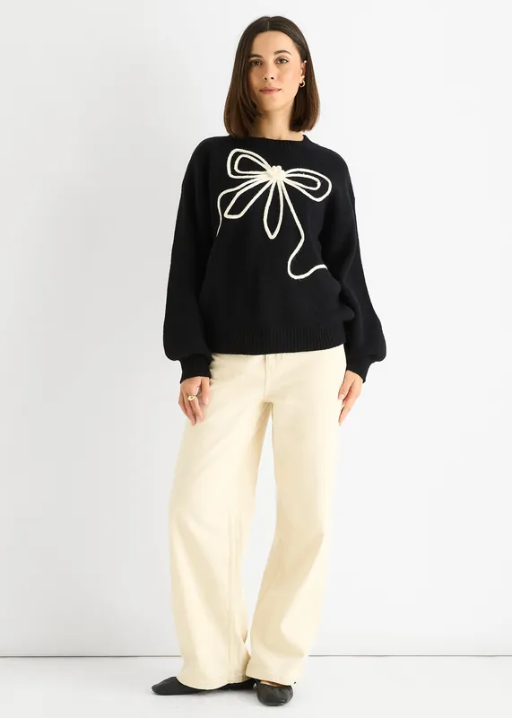 Black Contrast Bow pattern oversized Jumper - Gini London