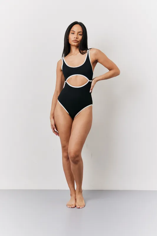 Black Ribbed Contrast Binding Cut Out Swimsuit - In The Style
