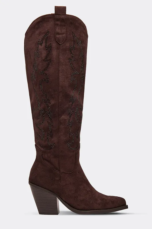 Knee High Embroidered Faux Suede Block Heel Boots - EGO