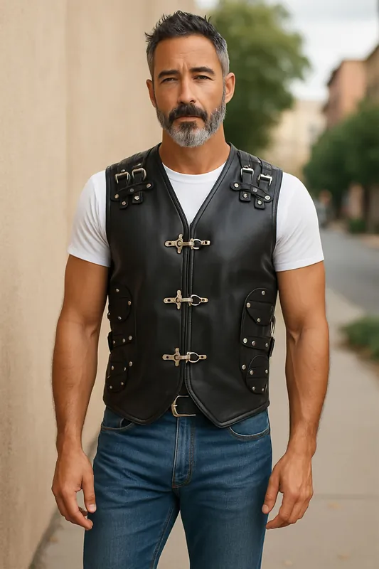 Biker Leather Waistcoat Metal Buckles Vest - Pinetown