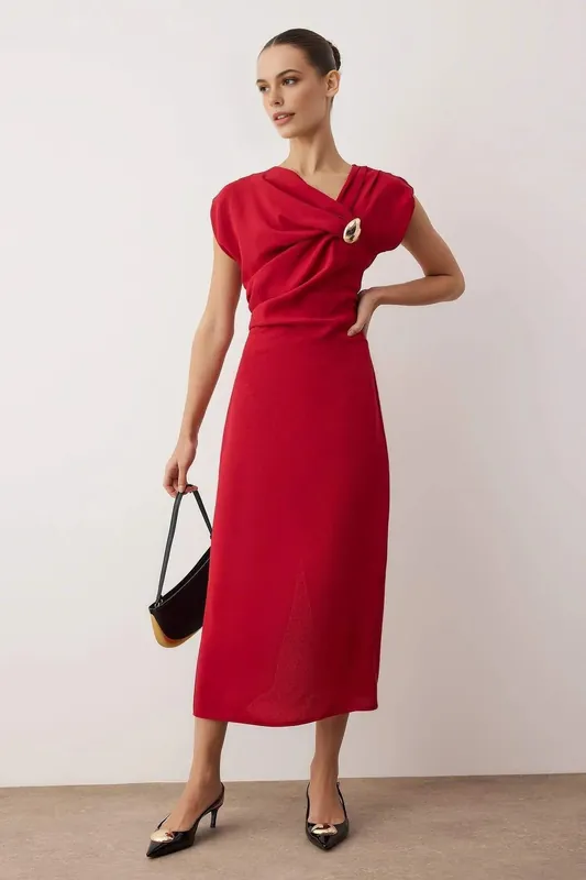 Midi Woven Dress with Statement Accessory Detail - WOVCOR