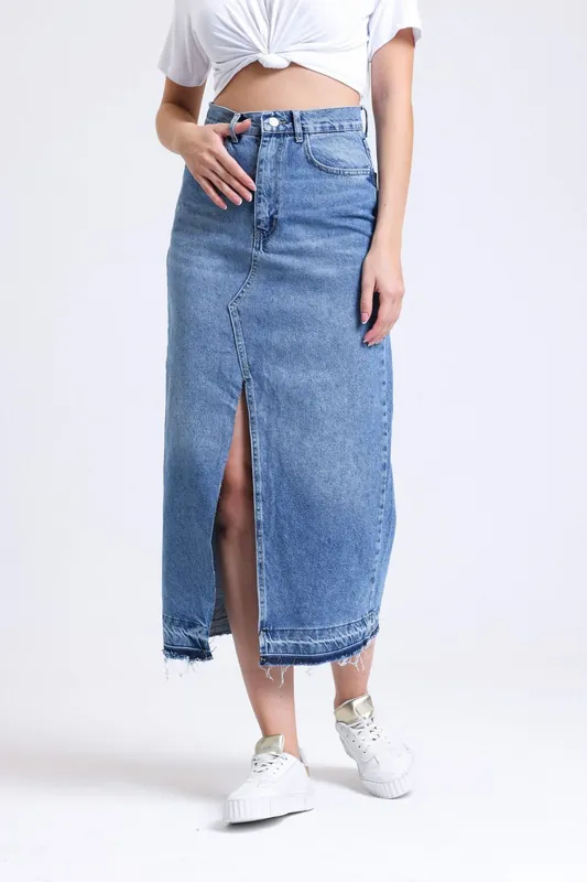 Denim High Waist Midi Skirt with a Front Slit - Hiccup