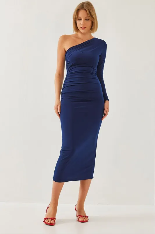 Asymmetrical Collar Ruched Midi Dress - Bianco Lucci