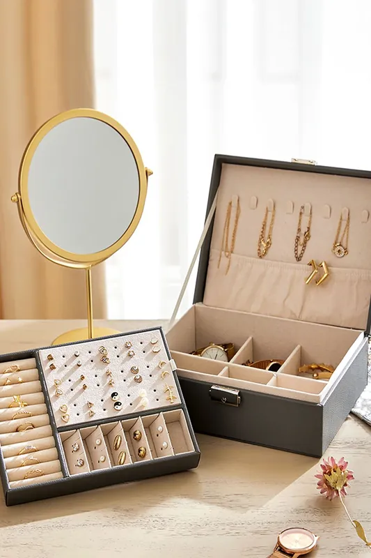 Lockable Double Tier Faux Leather Jewellery Organizer - Living and Home