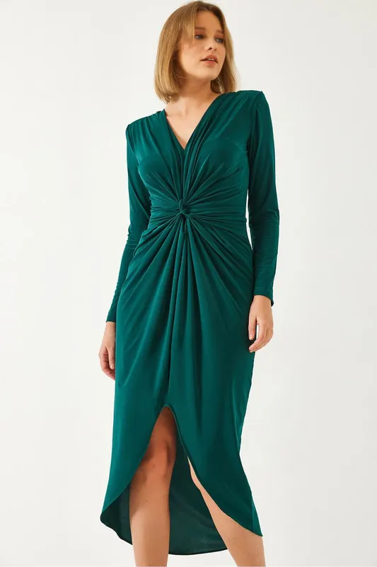 V-Neck Ruched Midi Dress