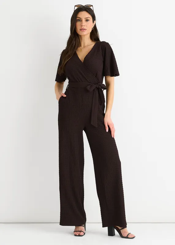 Chocolate Textured Jersey Wrap Wide Leg Jumpsuit - Gini London
