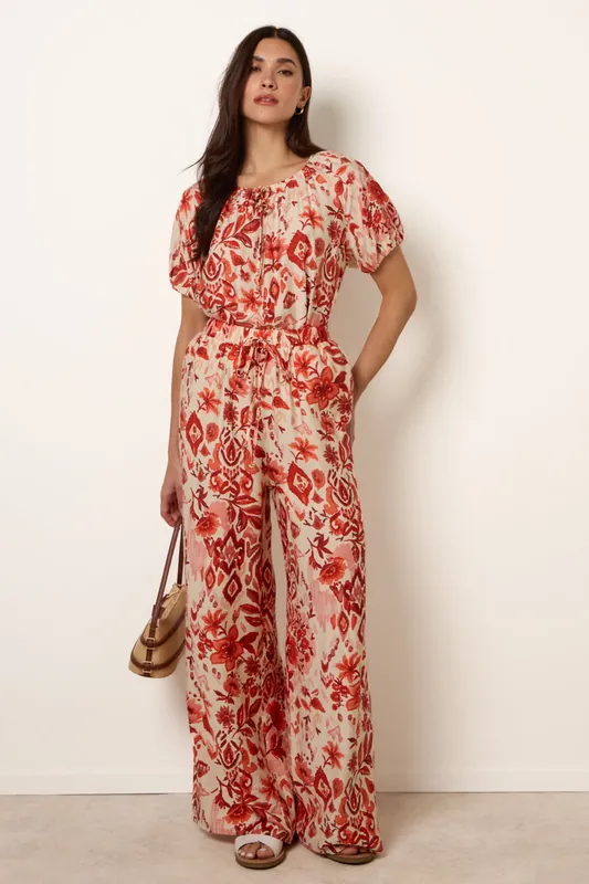 Orange Watercolour Floral Printed Wide Leg Trousers - Blue Vanilla