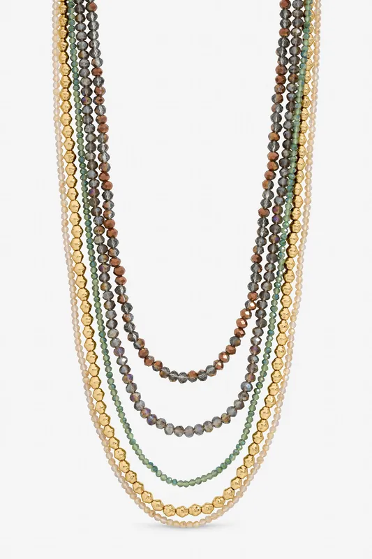 Gold Plated and Polished Multi Colour Beaded Multirow Necklace - Mood
