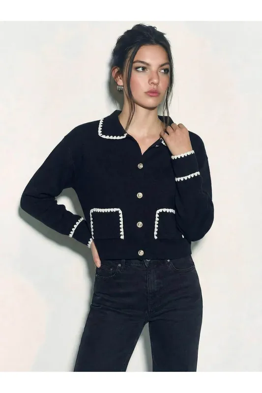 Ribbed Long Sleeve Buttoned Cardigan with Jacket Collar - Bianco Lucci