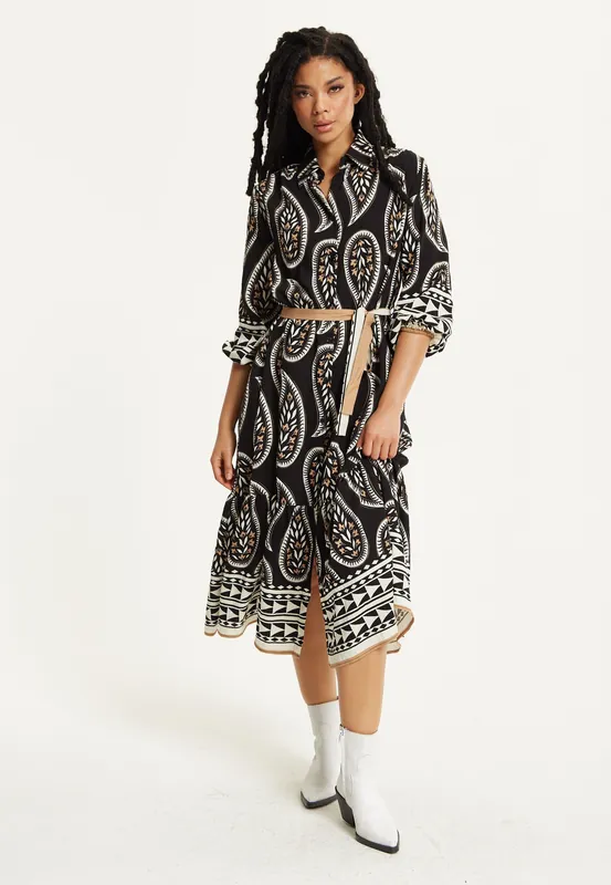 Black Paisley Print Shirt Dress - Liquorish