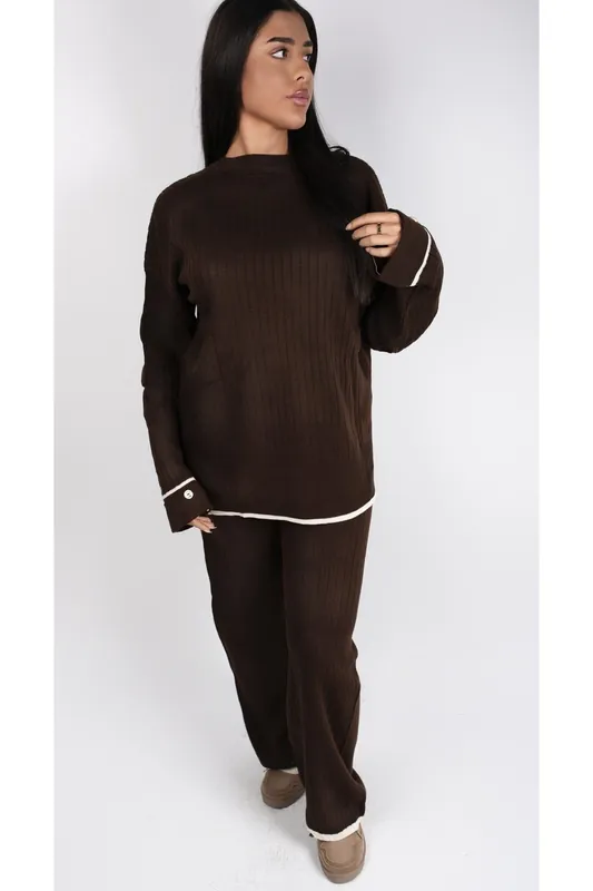 Lara Ribbed Contrast Trim Top And Wide Leg Trouser Co-ord Set