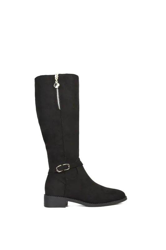Georgina' Knee High Boots Low Heel Zip Up Calf Riding Biker With Ankle Strap - XY London