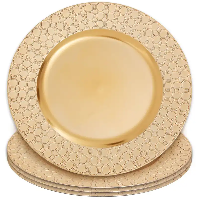 Set of Four 33cm Dia Gold Charger Plates with Octagon Pattern Rim - Orsina