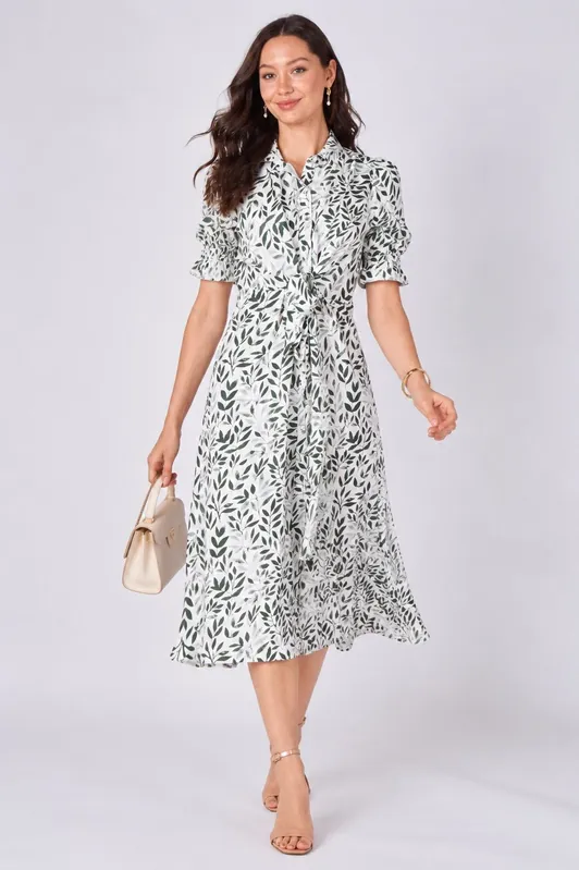 Green Leaf Print Tie Waist Midi Dress - Love Sunshine