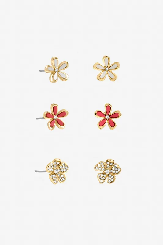 Gold Plated Floral Earrings - Pack of 3