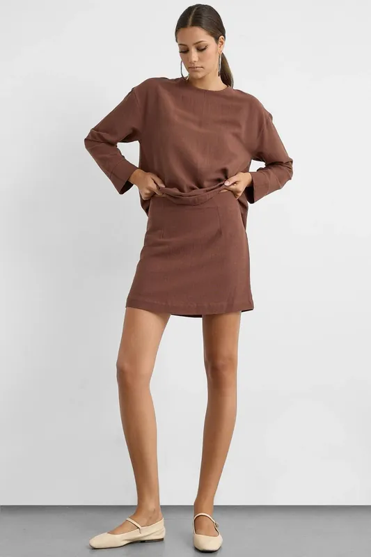 Linen Blend Chocolate Brown Skirt - Hiccup